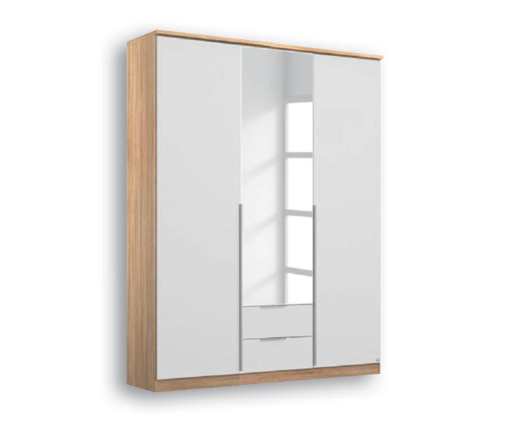 Rauch Texas Sonoma Oak Carcase With Alpine White Front 3 Door 1 Mirror Wardrobe with 2 Drawers