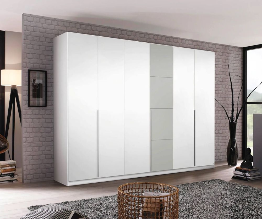Rauch Bellezza Alpine White with High Polish White 6 Door Wardrobe with Wotan Oak Application (W275cm)