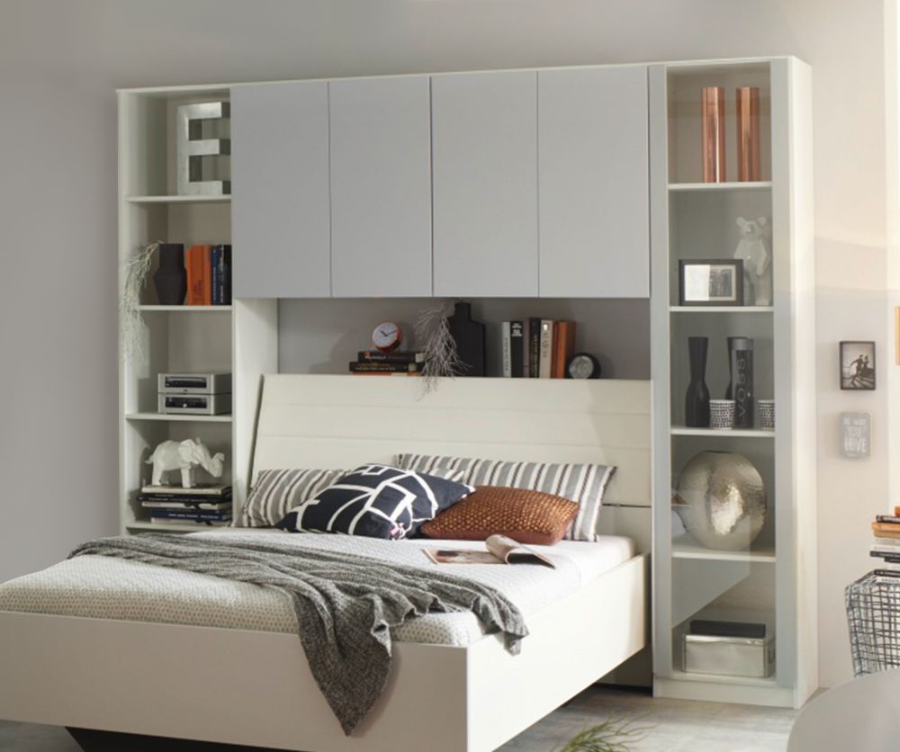 Rauch Memphis Alpine White Carcase with Silk Grey Front Overbed with Shelf Unit For 140cm Bed