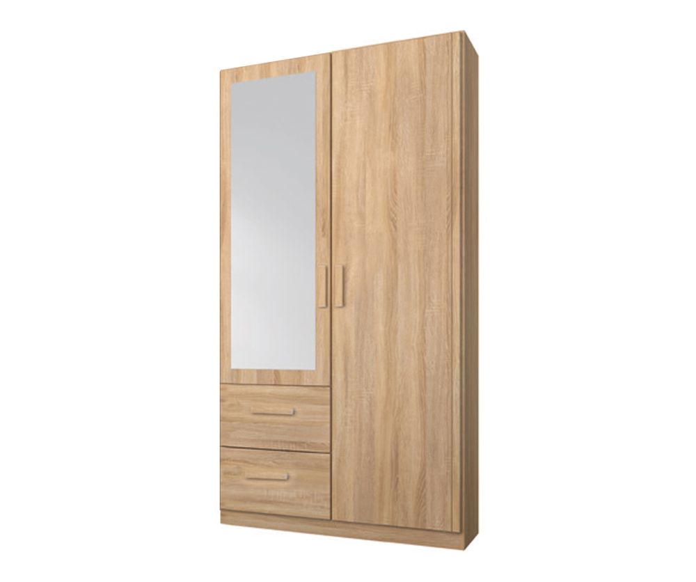 Rauch Rivera Sonoma Oak 2 Door 1 Left Mirror 2 Drawer Combi Wardrobe with Cornice (W91cm)