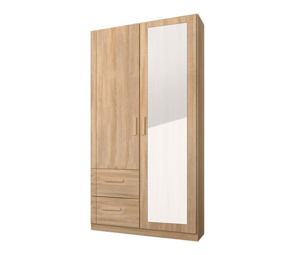 Rauch Rivera Sonoma Oak 2 Door 1 Left Mirror 2 Right Drawer Combi Wardrobe with Cornice (W91cm)