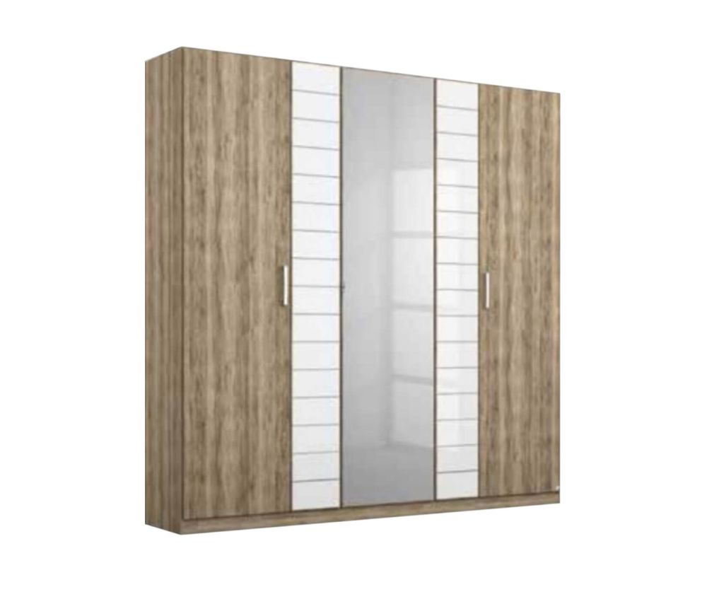 Rauch Terano Alpine White with Basalt Glass Overlay 5 Door 2 Glass Door Wardrobe with Mirror(W181cm)