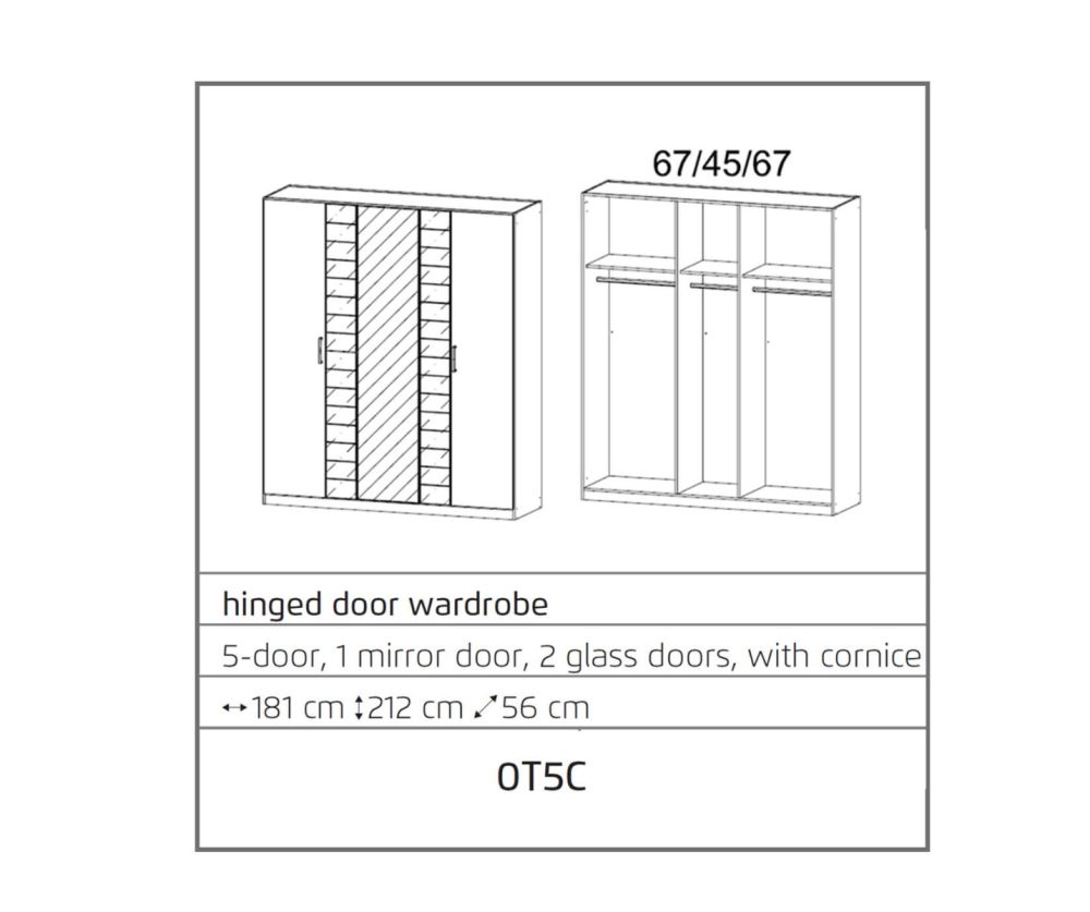 Rauch Terano Sonoma Oak with White Glass Overlay 5 Door 2 Glass Door Wardrobe with Mirror(W181cm)