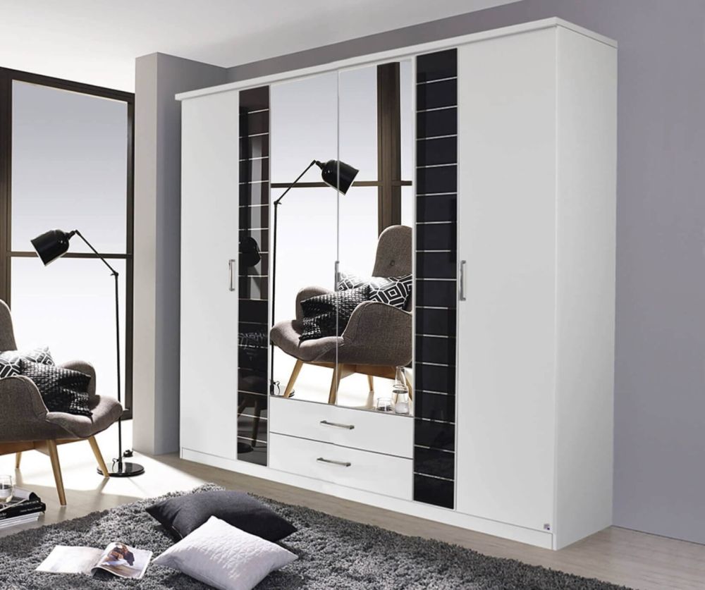 Rauch Terano Alpine White with Basalt Glass Overlay 6 Door 2 Drawer and 2 Mirror Wardrobe (W226cm)