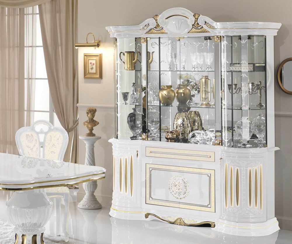 Ben Company Betty White and Gold Finish Italian 4 Door Display Cabinet