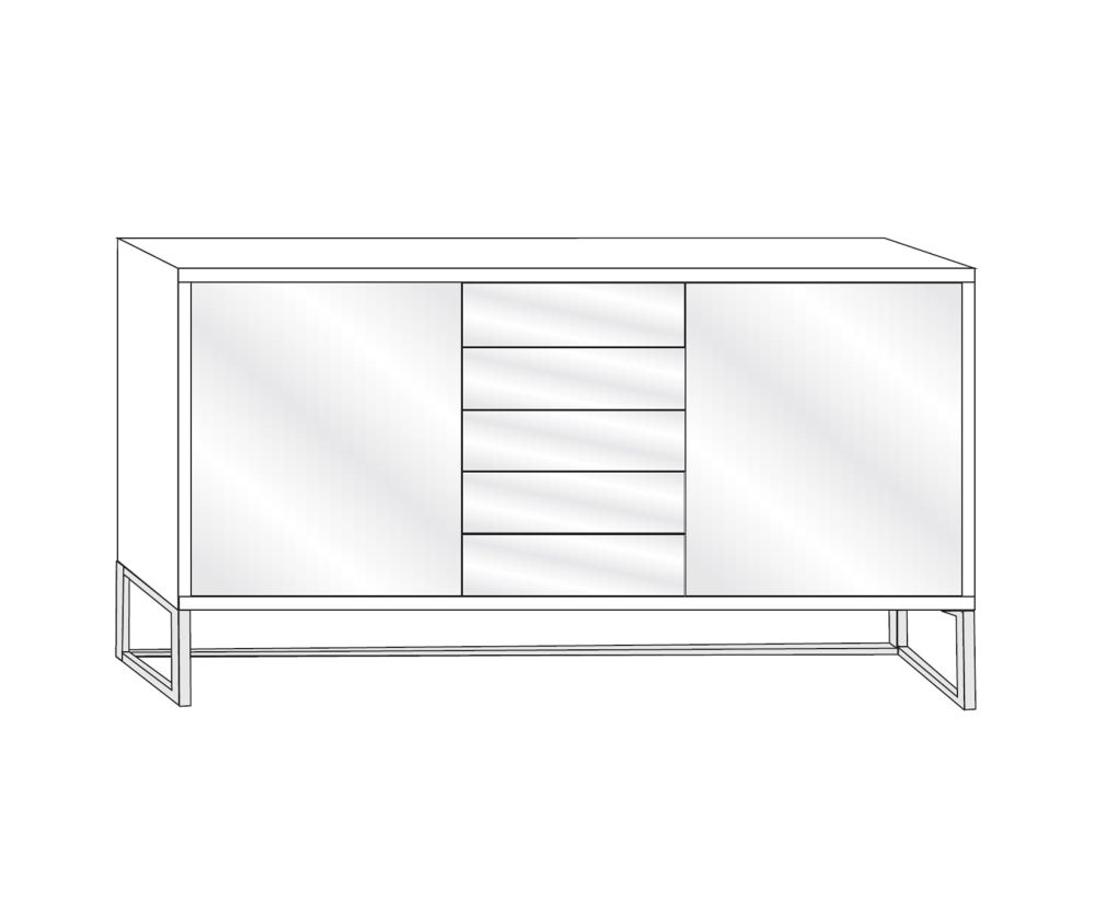 Wiemann Kansas 2 Door 5 Drawer Dresser with White Glass Front and Chrome Angled Feet - H 105cm