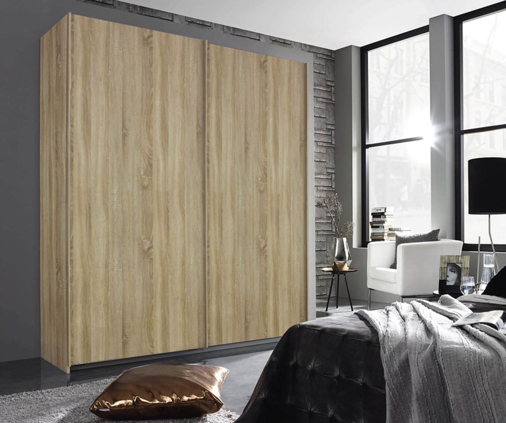 Rauch Essensa Sonoma Oak 2 Door 1 Mirror Sliding Wardrobe with Chrome Coloured Handle with Vertical and Horizontal Trims (W226cm)