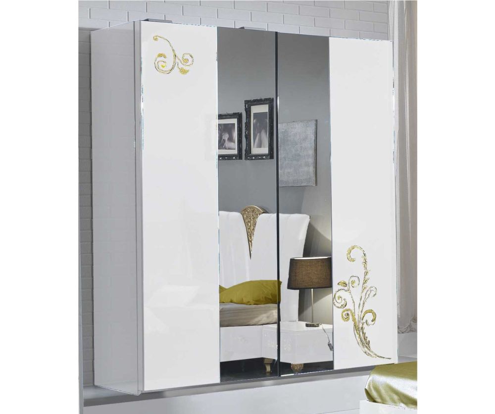 Ben Company Sofia White and Gold Italian Bedroom Set with 3 Sliding Door Wardrobe