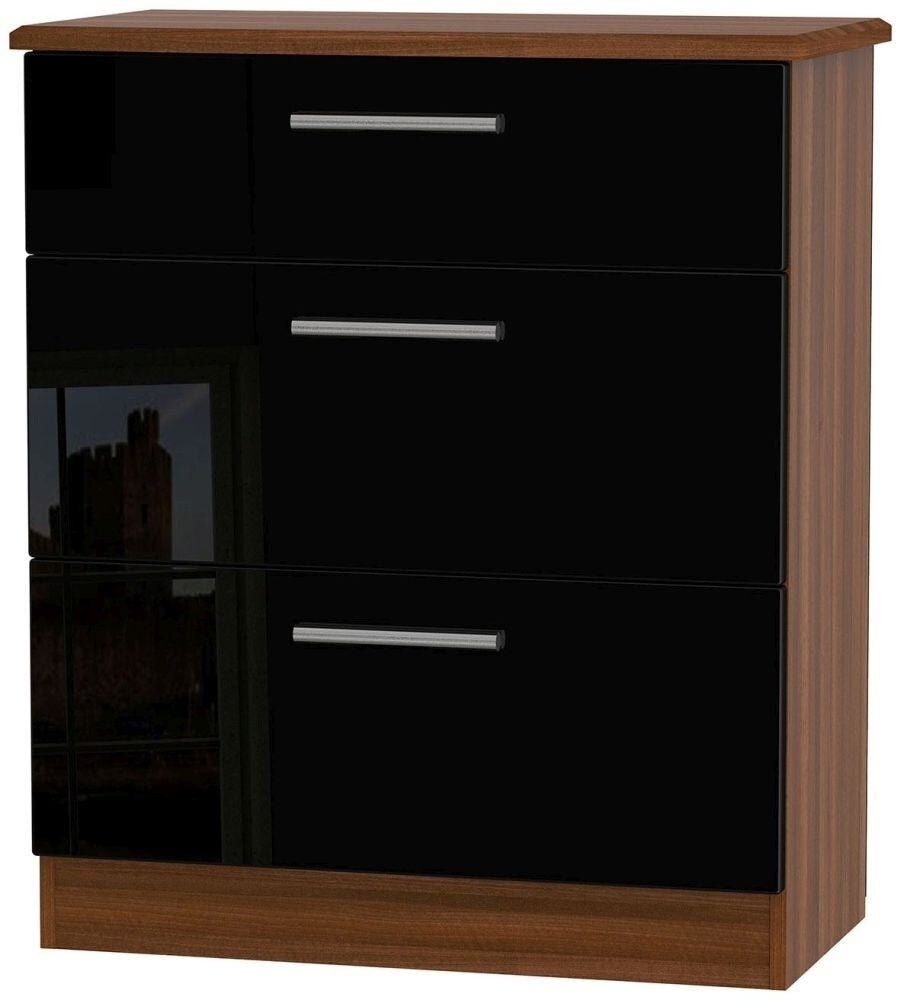 Welcome Furniture Knightsbridge High Gloss Black and Noche Walnut Chest of Drawer - 3 Drawer Deep