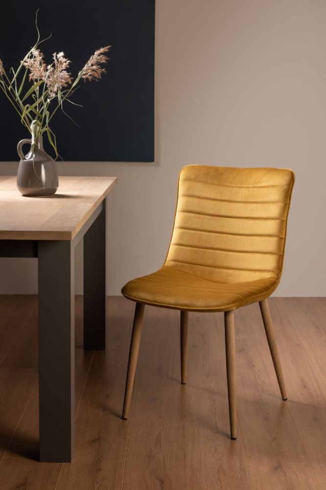 Bentley Designs Dansk Scandi Oak 4 Seater Dining Table and 4 Eriksen Mustard Velvet Fabric Chairs with Grey Rustic Oak Effect Legs