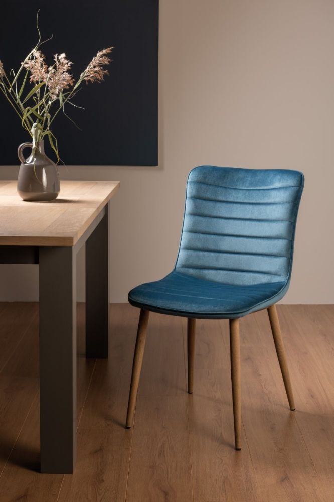 Bentley Designs Dansk Scandi Oak 4 Seater Dining Table and 4 Eriksen Petrol Blue Velvet Fabric Chairs with Grey Rustic Oak Effect Legs