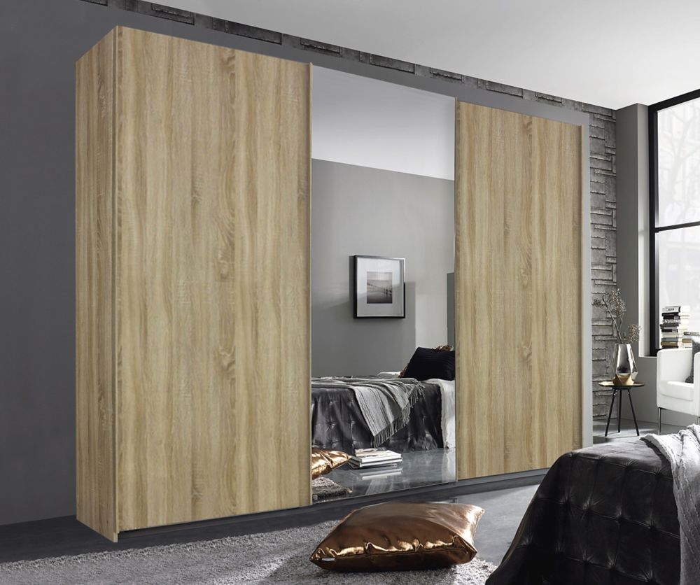 Rauch Essensa Sonoma Oak 3 Door 1 Mirror Sliding Wardrobe with Chrome Coloured Handle with Vertical and Horizontal Trims (W271cm)