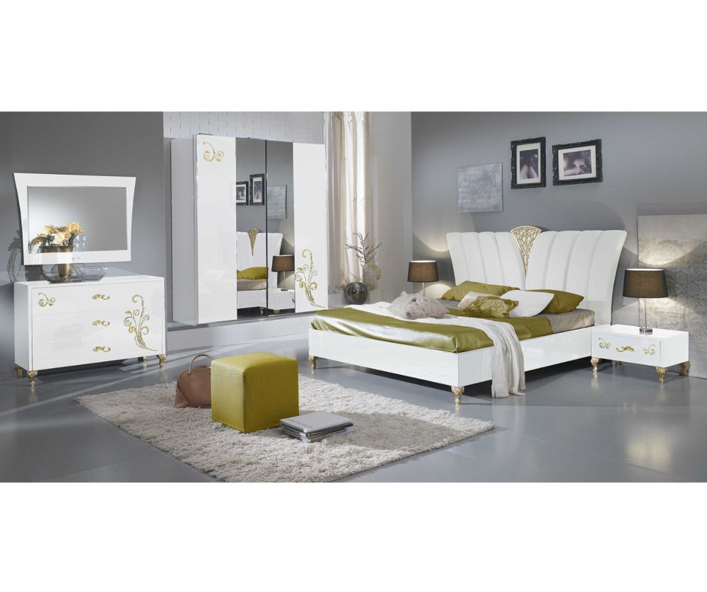 Ben Company Sofia White and Gold Italian Bedroom Set with 3 Sliding Door Wardrobe