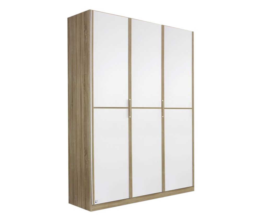 Rauch Essensa Sonoma Oak with Alpine White 3 Door Wardrobe with Chrome Coloured Short Handle with Vertical and Horizontal Trims (W136cm)