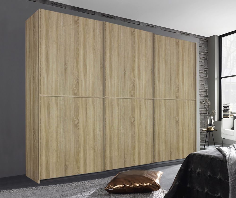 Rauch Essensa Sonoma Oak 3 Door Sliding Wardrobe with Chrome Coloured Handle with Vertical and Horizontal Trims (W271cm)