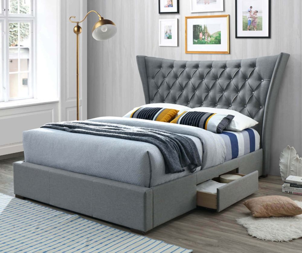 Artisan 4560 Light Grey Fabric 2 Side Drawer Bed Frame