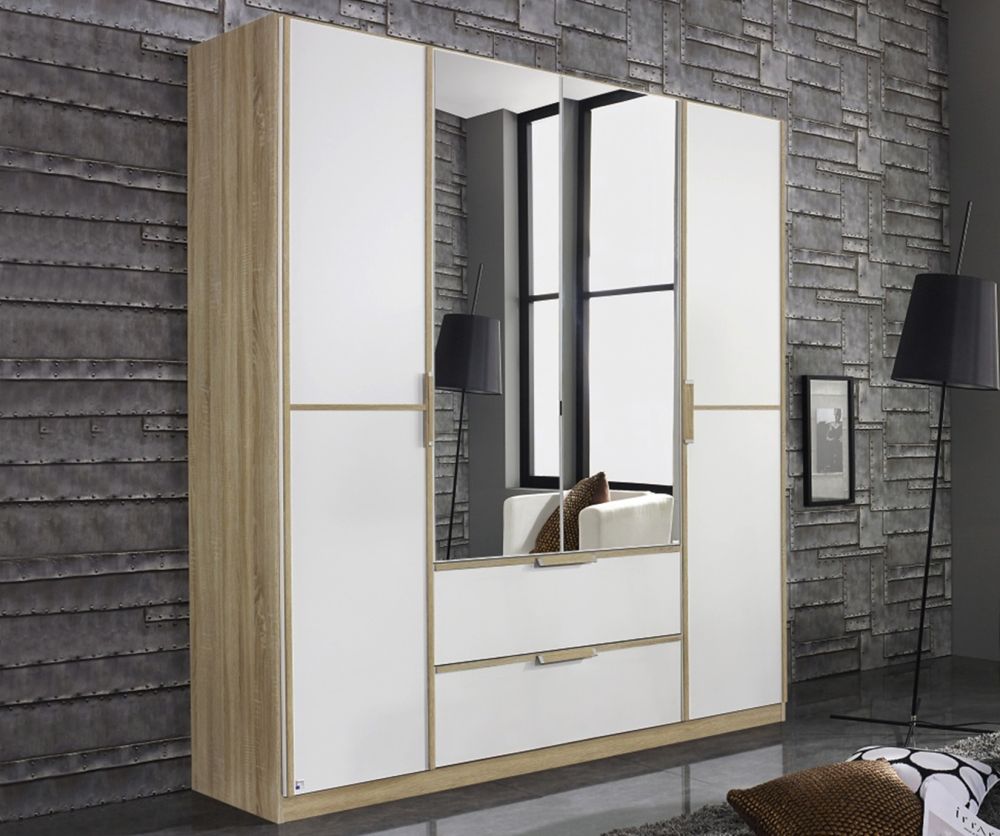 Rauch Essensa Sonoma Oak with Alpine White 4 Door 2 Drawer Wardrobe with 2 Mirror Chrome Coloured Short Handle with Vertical and Horizontal Trims (W181cm)