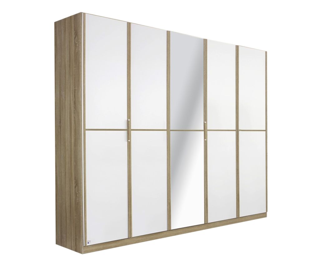 Rauch Essensa Sonoma Oak with Alpine White 5 Door 1 Mirror Wardrobe with Carcass Coloured Short Handle with Vertical and Horizontal Trims (W226cm)