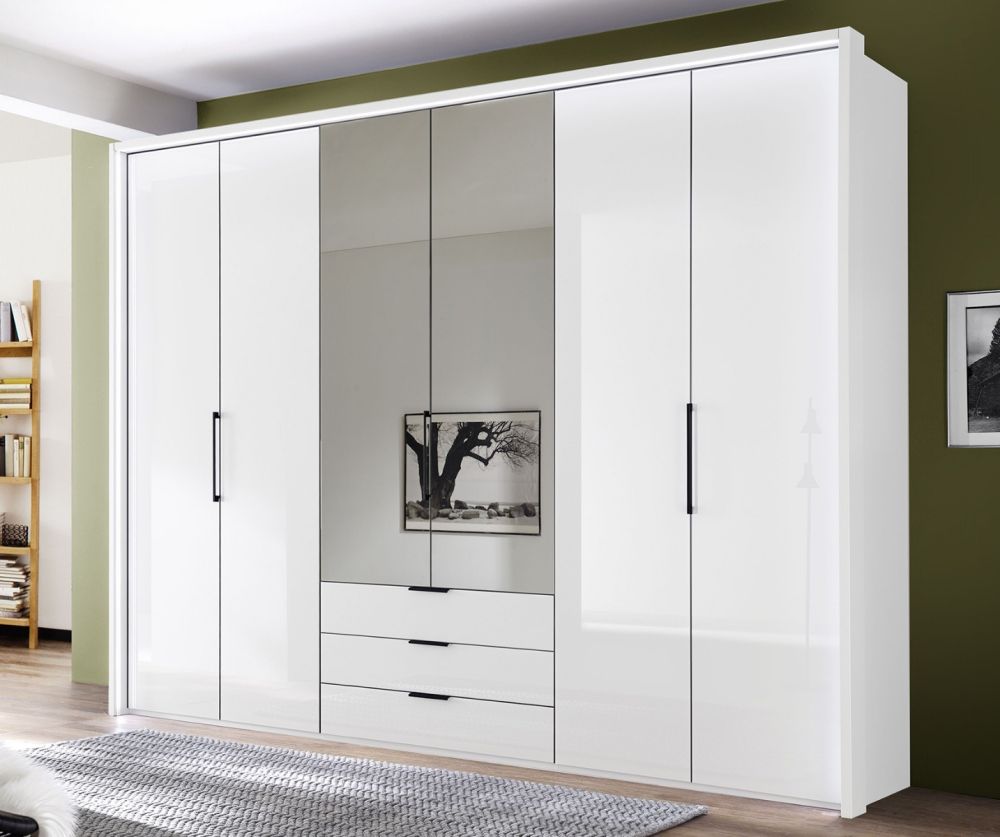 Wiemann Vip Monaco 1000 Glass White and Mirror 6 Door 3 Drawer Combi Wardrobe – W300cm