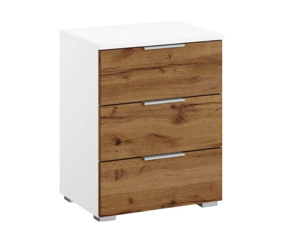 Rauch Bellezza Alpine White Carcase with White High Polish Front 3 Drawer Bedside Table with Wotan Oak Application