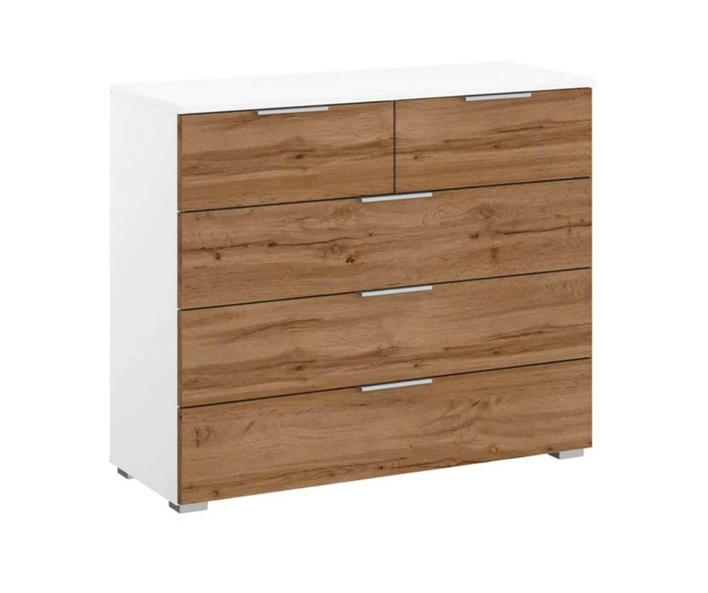 Rauch Bellezza Alpine White Carcase with White High Polish Front 5 Drawer Chest with Wotan Oak Application