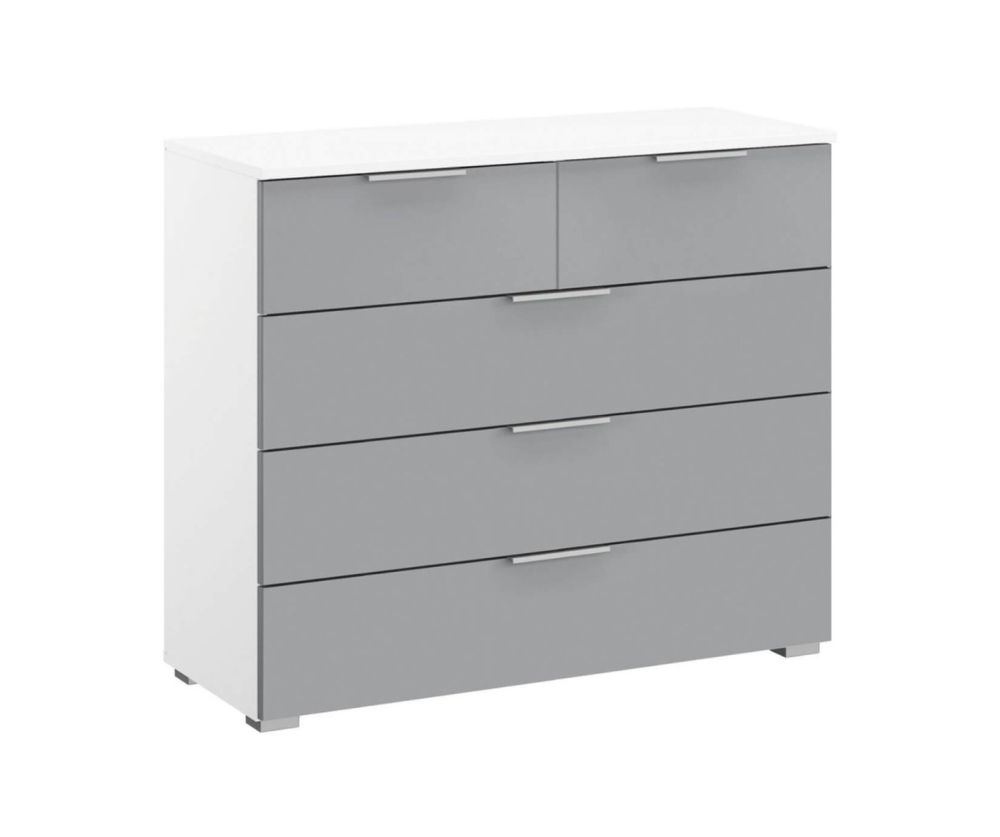Rauch Bellezza Alpine White Carcase with White High Polish Front 5 Drawer Chest with Silk Grey Application