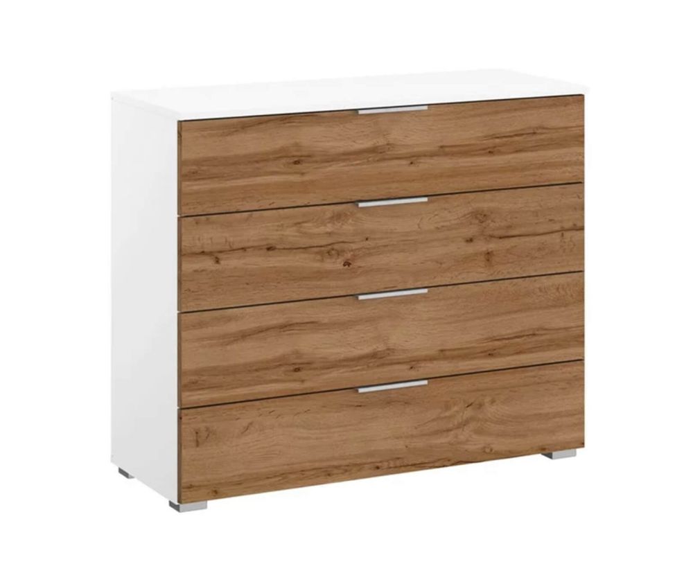 Rauch Bellezza Alpine White Carcase with White High Polish Front Wide 4 Drawer Chest with Wotan Oak Application