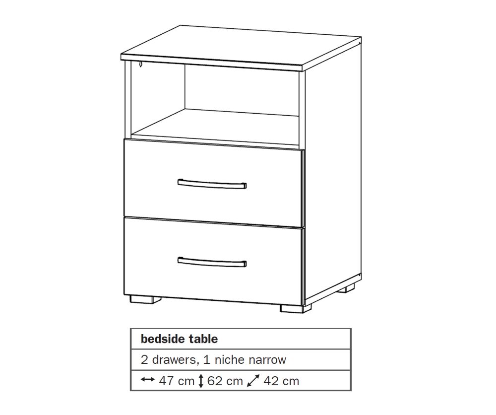 Rauch Aditio 2 Drawer Bedside Table with Shelf and Glass Basalt Front
