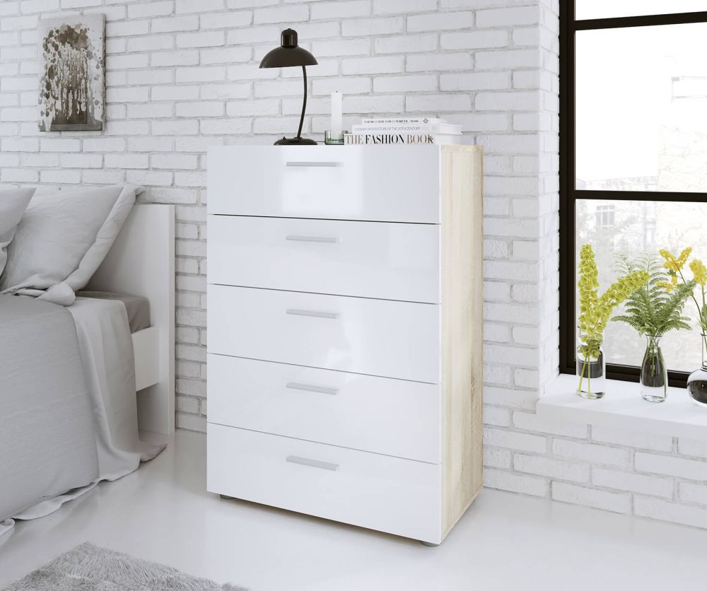 FTG Pepe Oak and White High Gloss 5 Drawer Chest