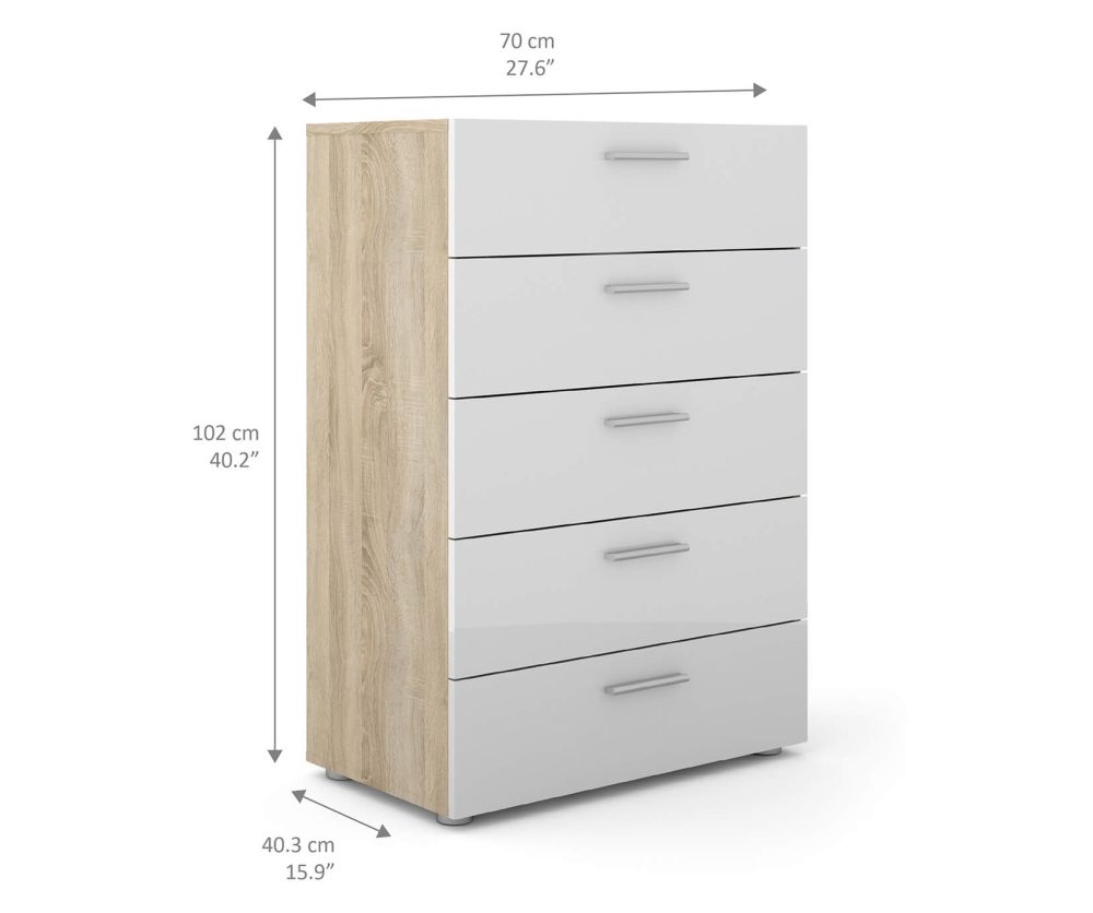 FTG Pepe Oak and White High Gloss 5 Drawer Chest