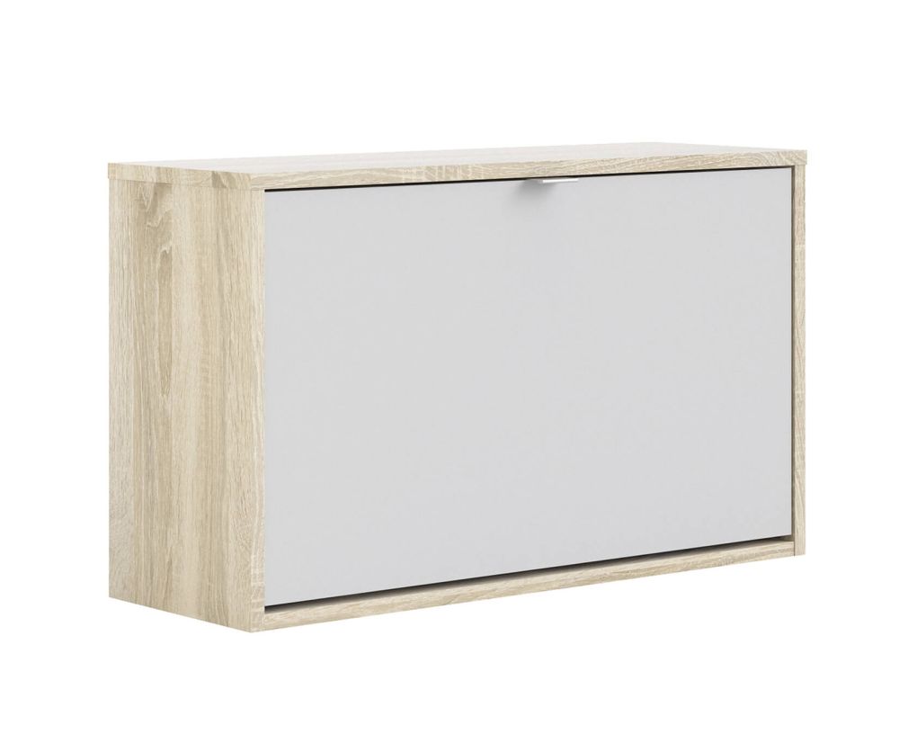 FTG Shoes White and Oak Shoe Cabinet W. 1 Tilting Door and 2 Layer