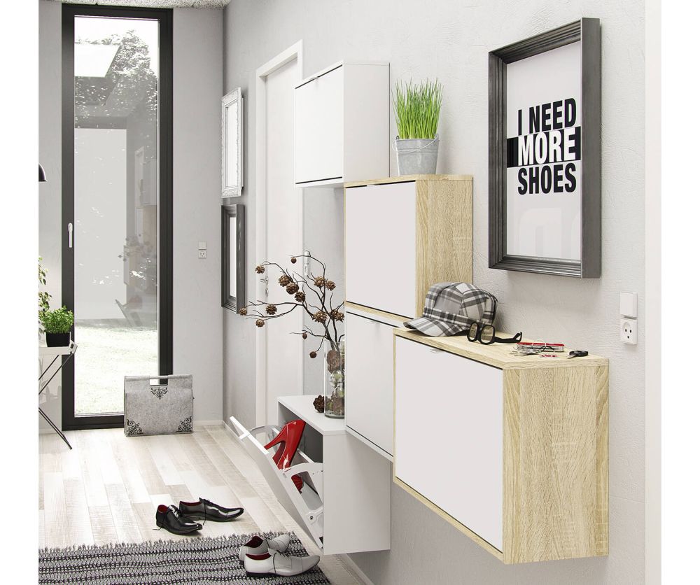 FTG Shoes White and Oak Shoe Cabinet W. 1 Tilting Door and 2 Layer