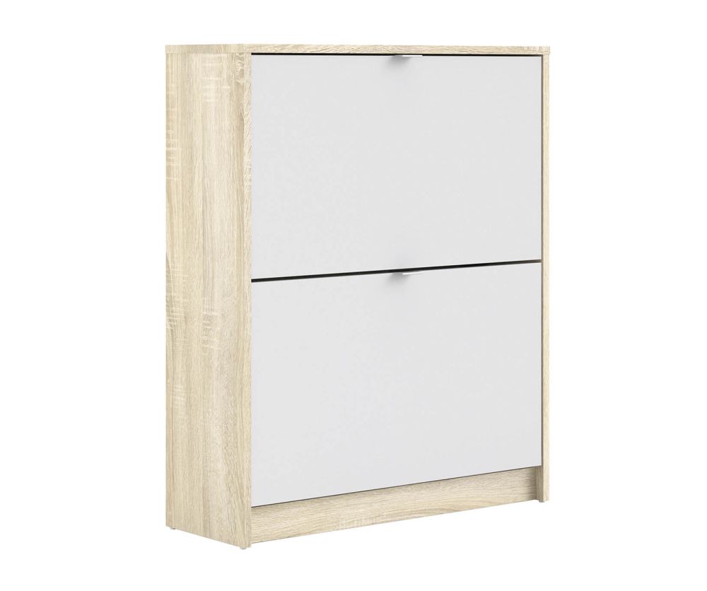 FTG Shoes White and Oak Shoe Cabinet W. 2 Tilting Door and 2 Layer