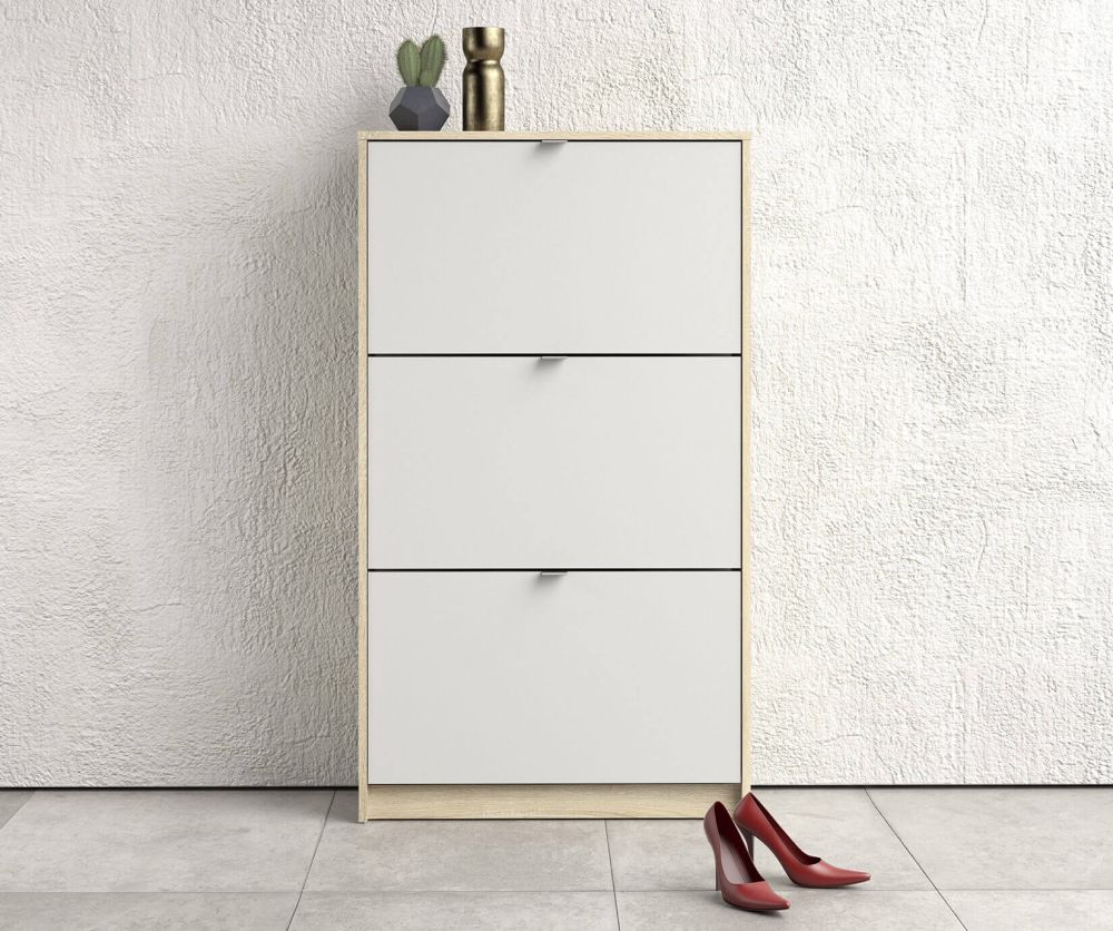 FTG Shoes White and Oak Shoe Cabinet W. 3 Tilting Door and 2 Layer