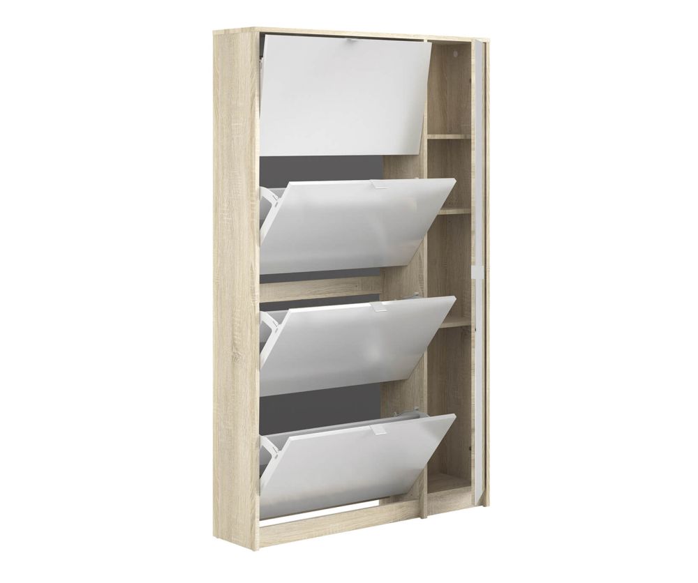 FTG Shoes Oak and White High Gloss Shoe Cabinet W. 4 Tilting Door and 2 Layers + 1 Mirror Door
