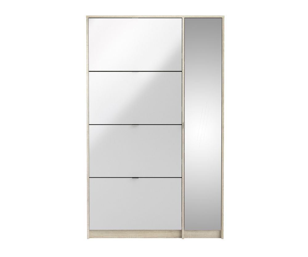 FTG Shoes Oak and White High Gloss Shoe Cabinet W. 4 Tilting Door and 2 Layers + 1 Mirror Door