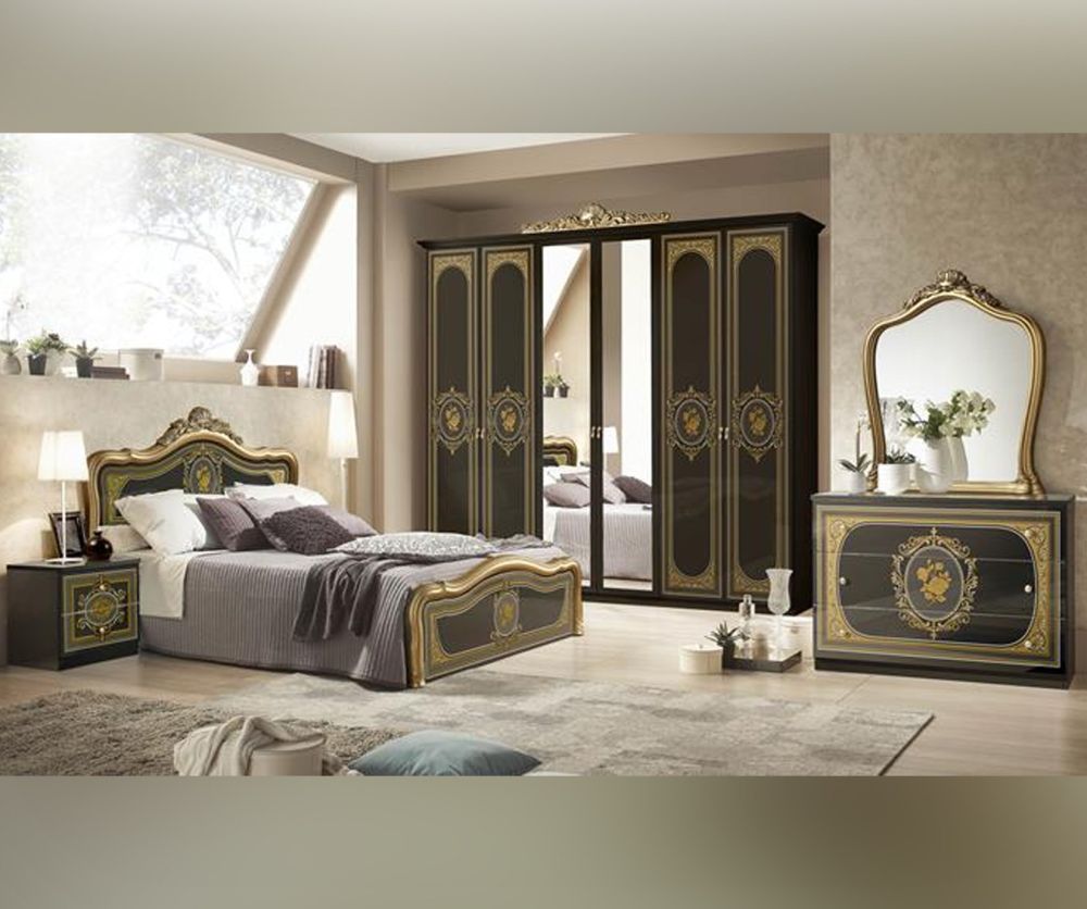 Tuttomobili Alice Black and Golden Finish Bedroom Set with 4 Door Wardrobe