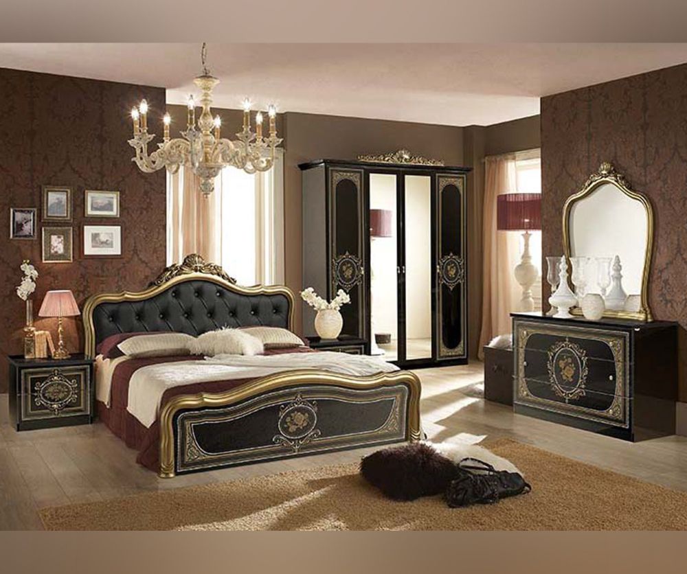 Tuttomobili Alice Black and Golden Finish Bedroom Set with 6 Door Wardrobe