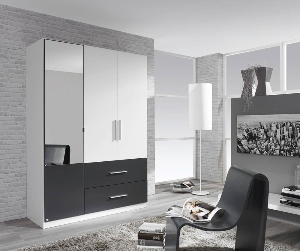 Rauch Alvor Alpine White with Metallic Grey 4 Door 2 Drawer 2 Mirror Door Combi Wardrobe (W181cm)