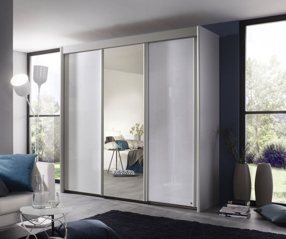 Rauch Amalfi Silk Grey Carcase with Crystal White Glass Front 3 Sliding Door 1 Mirror Wardrobe (H-235cm, W-300cm)