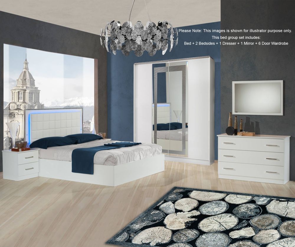 Ben Company Ambra White Finish Italian Bed Group Set with 6 Door Wardrobe