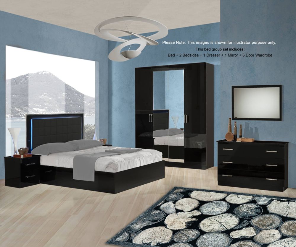 Ben Company Ambra Black Finish Italian Bed Group Set with 6 Door Wardrobe