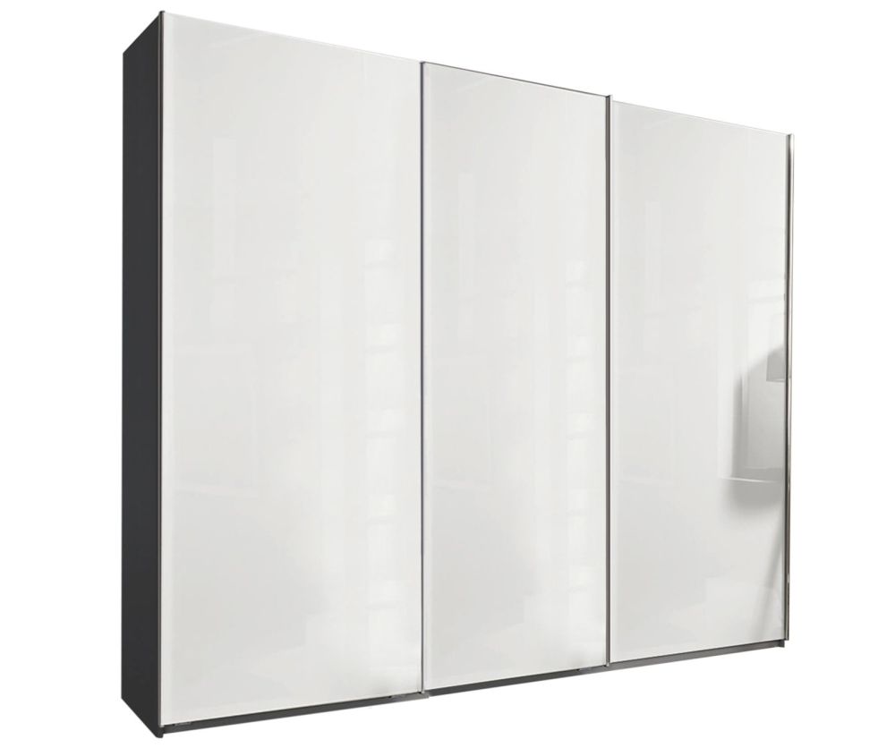 Rauch Essensa Metallic Grey with White Glass 3 Door Sliding Wardrobe with Carcass Coloured Handle (W271cm)