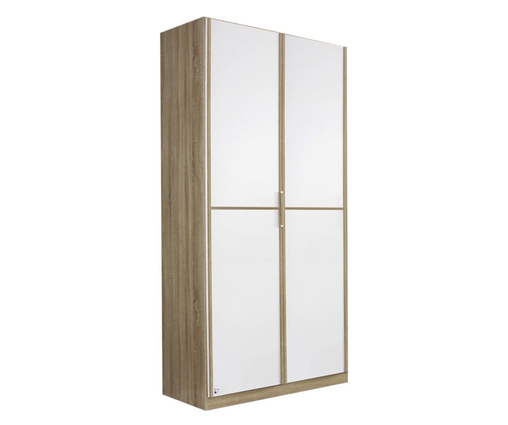 Rauch Essensa Sonoma Oak with Alpine White 2 Mirror Door 2 Drawer Wardrobe with Chrome Coloured Short Handle with Vertical and Horizontal Trims (W91cm)