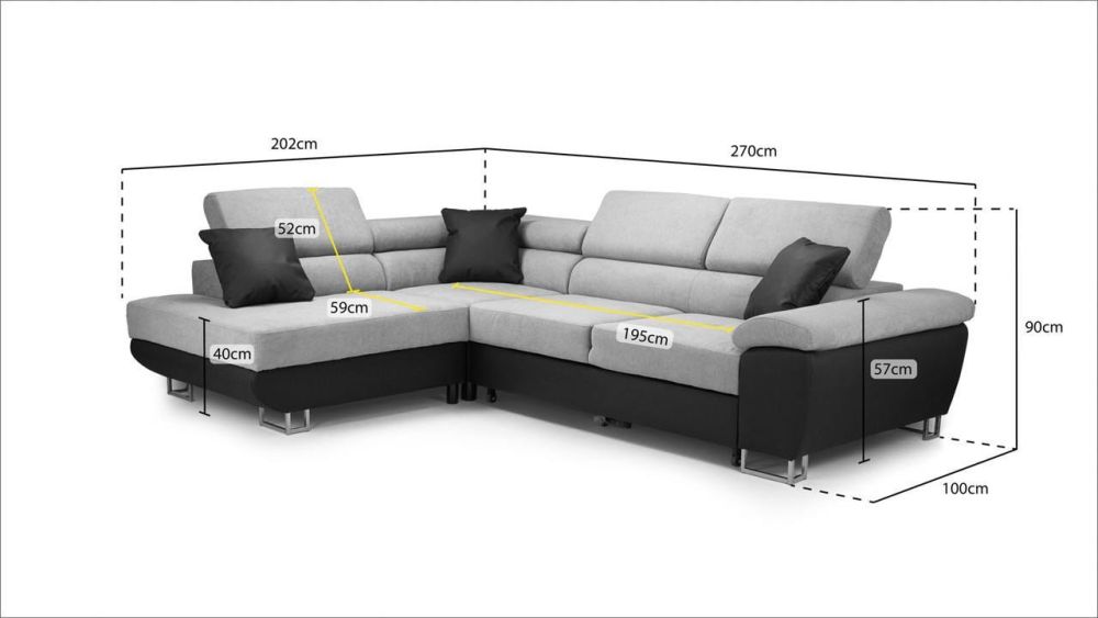 New Vinson Black and Grey Left Hand Facing Corner Sofa Bed