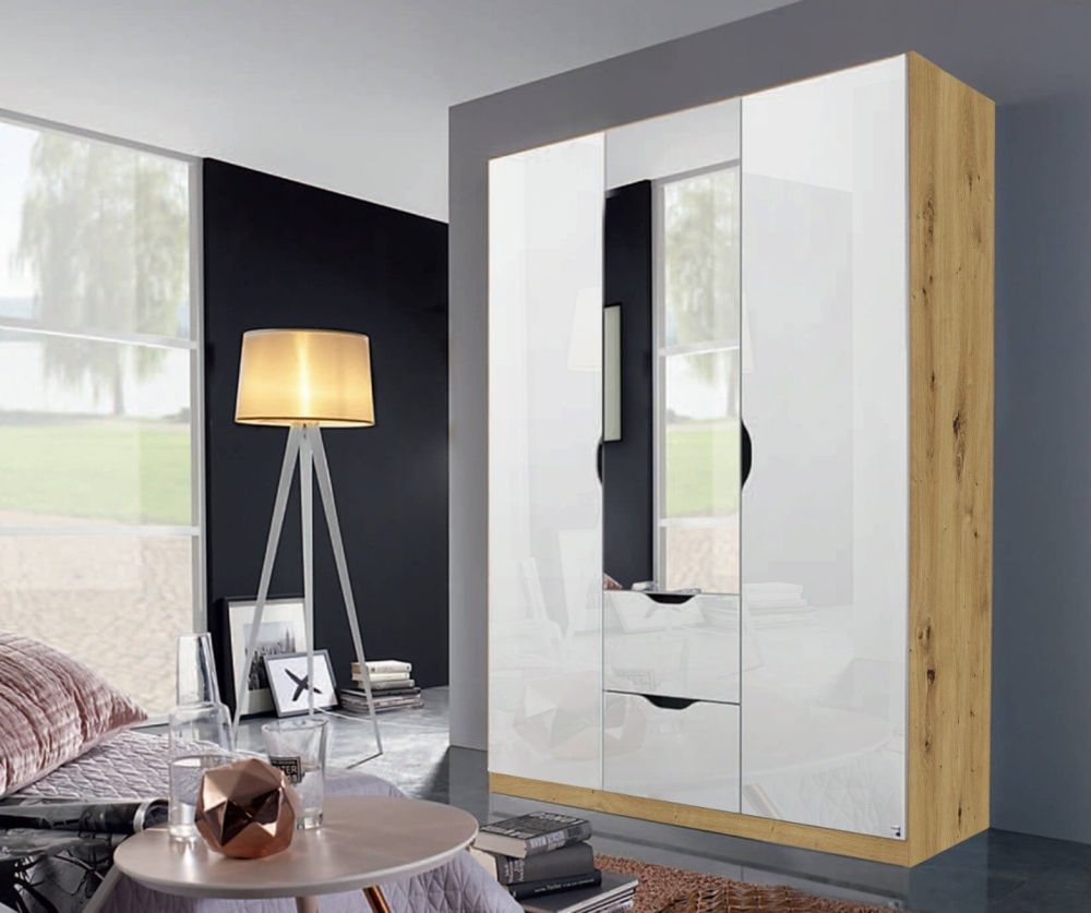 Rauch Arnstein Artisan Oak Colour Carcase with White Front 3 Door 1 Mirror Combi Wardrobe with Drawer