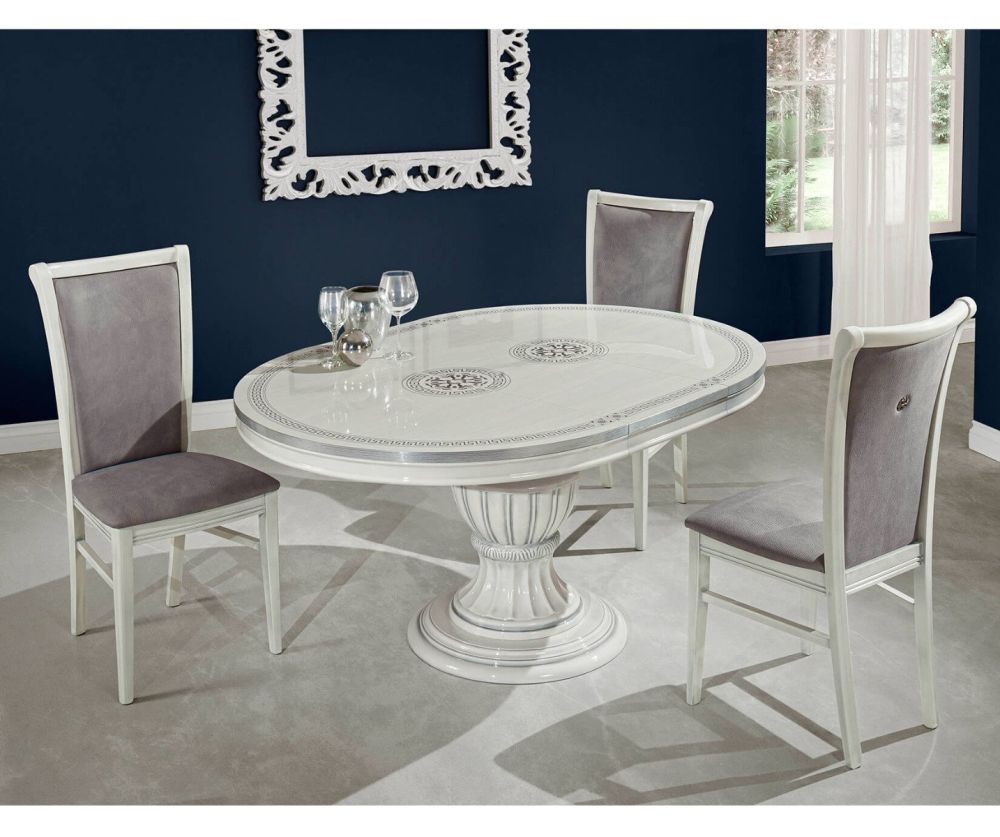 H2O Design Aurora Birch White Silver Italian Round Extending Dining Set with Grey Side Chairs