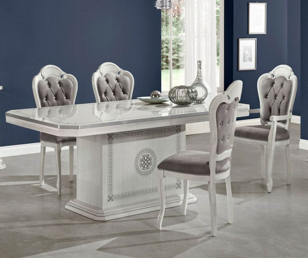 H2O Design Aurora Birch White Silver Italian Rectangular Extending Dining Set with Brigitte Chairs