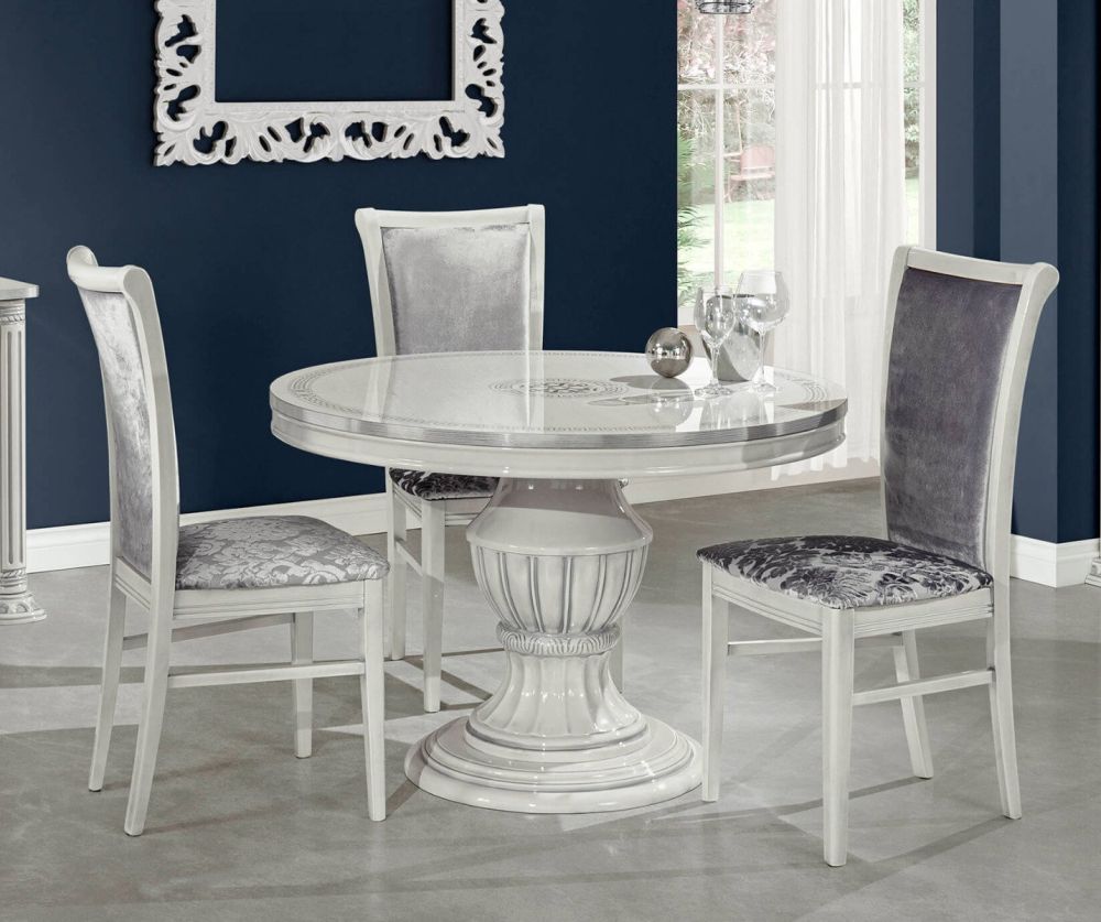 H2O Design Aurora Birch White Silver Italian Round Extending Dining Set with Lux Flower Velvet Chairs