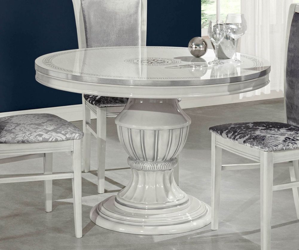 H2O Design Aurora Birch White Silver Italian Round Extending Dining Set with Lux Flower Velvet Chairs